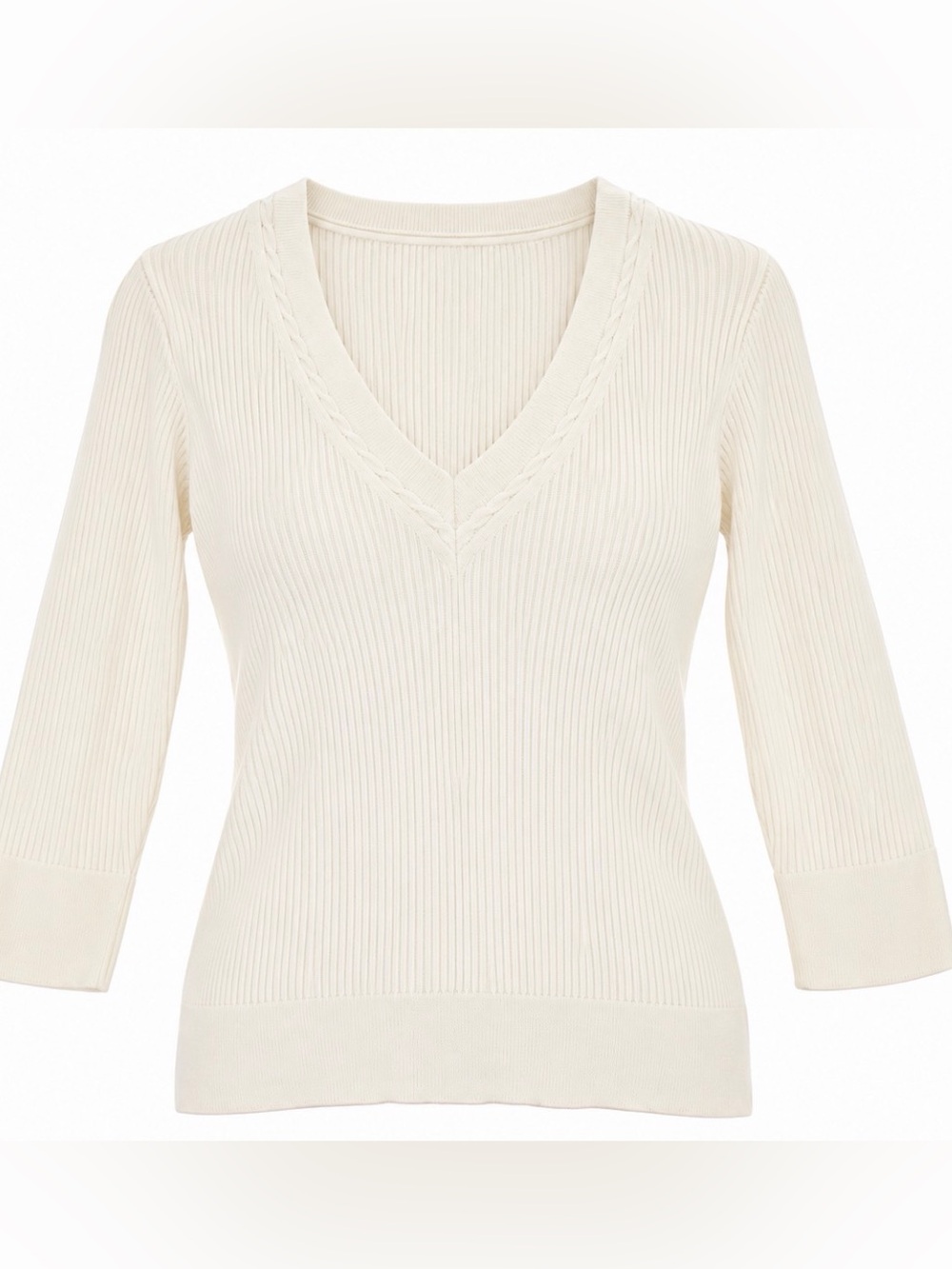 Lauren Ralph Lauren Ivory Ribbed Long Sleeve V-Neck Top L